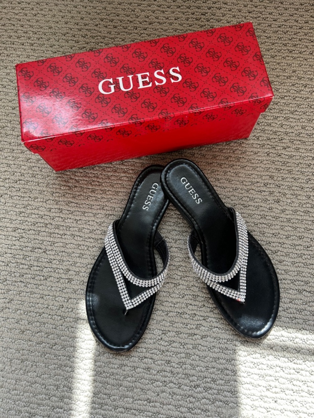 Guess Black Rhinestone V-Strap Sandals